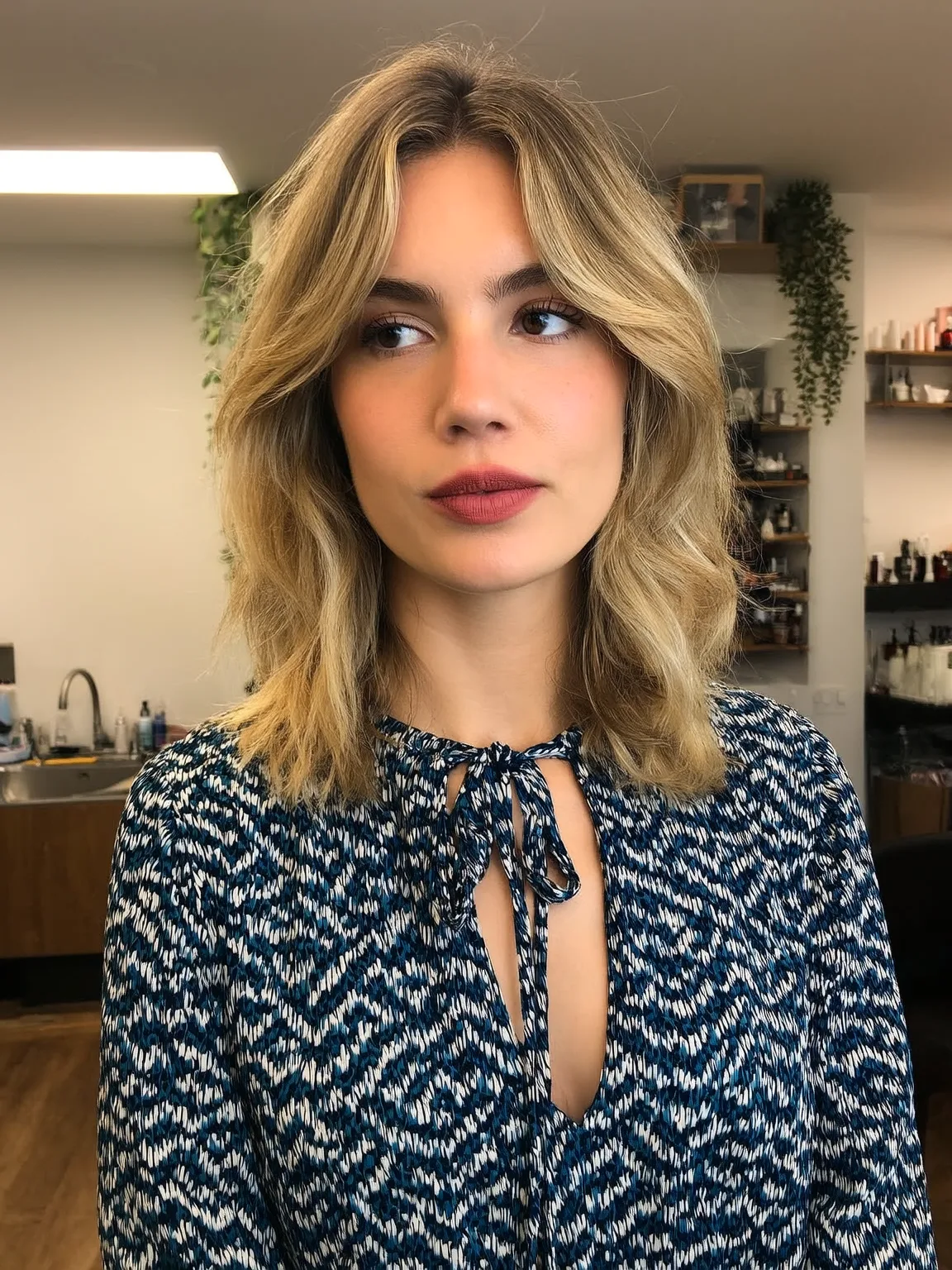 Sandy Blonde Wavy Lob with Curtain Bangs