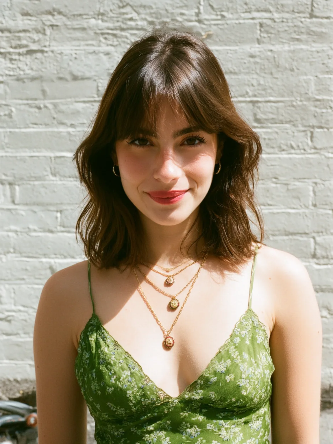 Wavy Shoulder-Length Lob with Chestnut Curtain Bangs