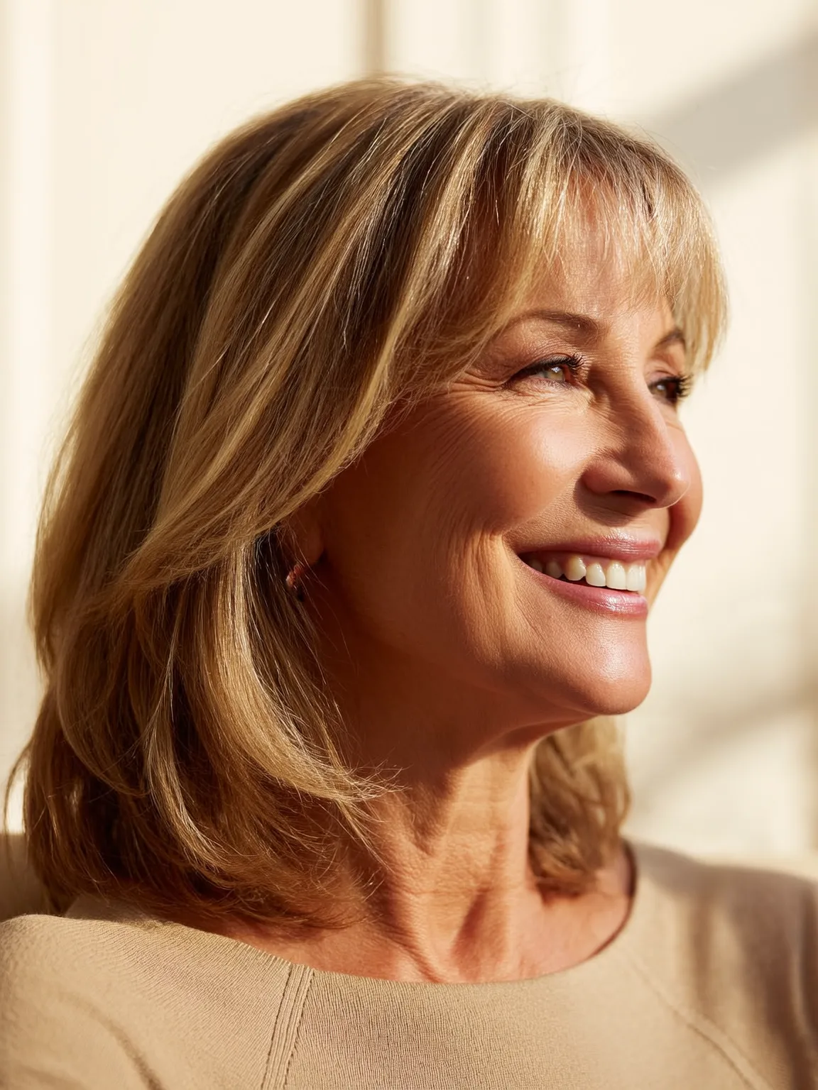 Sleek Warm Caramel Brown Straight Layers with Wispy Bangs