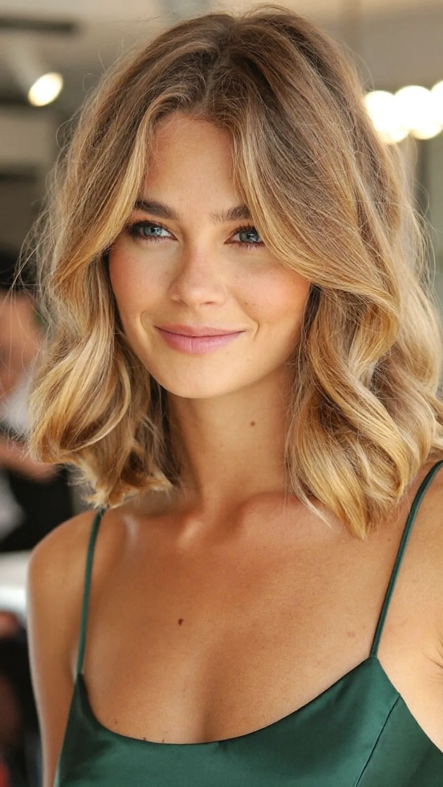Soft Honey Blonde Shoulder-Length Waves with Curtain Bangs