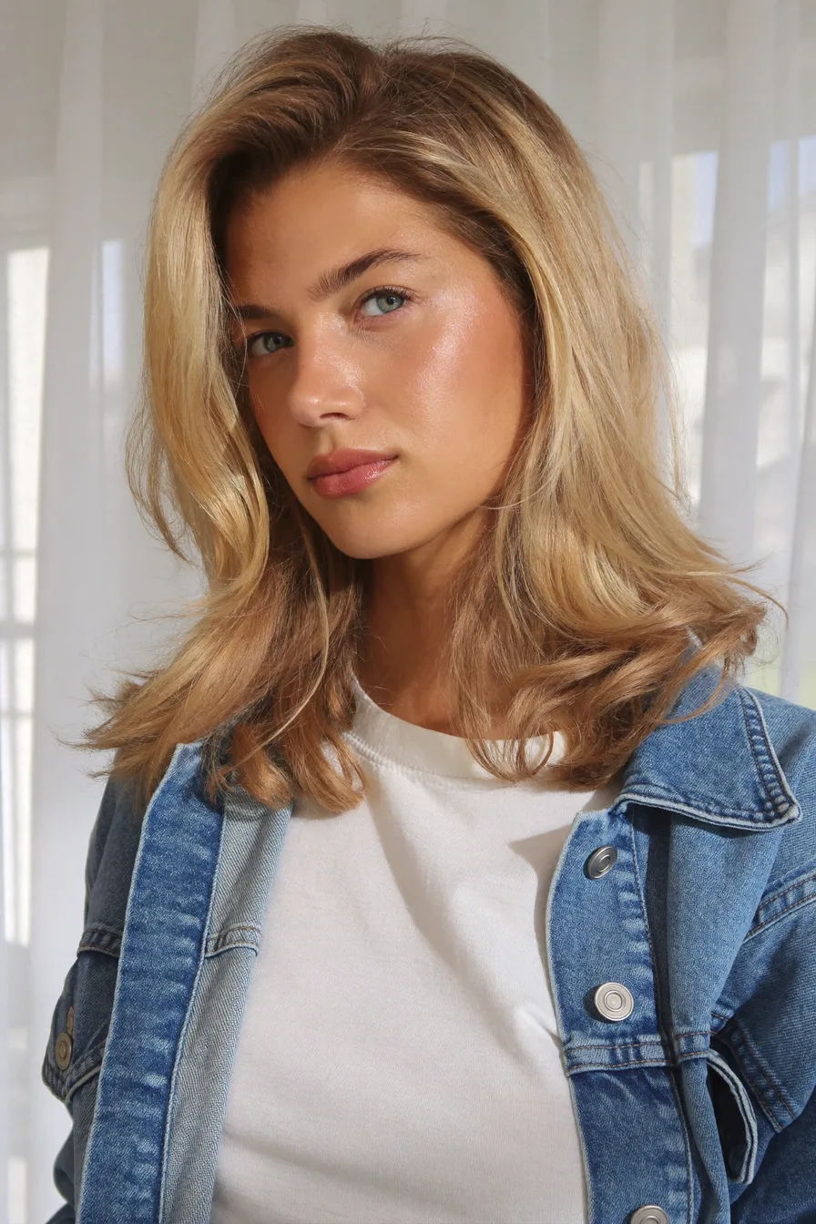Warm Honey Blonde Shoulder-Length Soft Layered Style