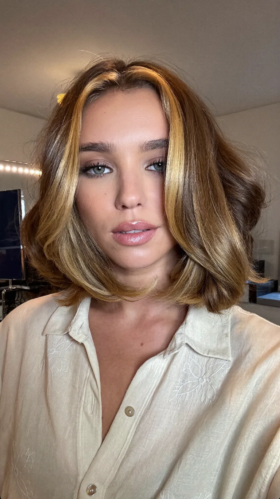 Voluminous Wavy Long Bob with Blended Balayage Highlights