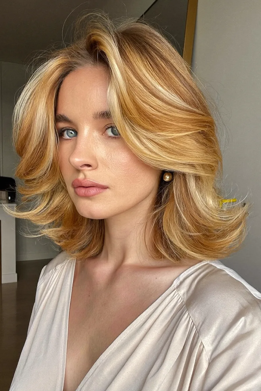 Voluminous Feathered Shoulder-Length Warm Honey Blonde Hair