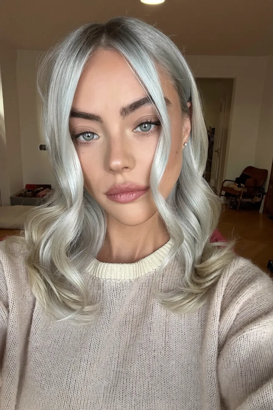 Platinum Silver Shoulder-Length Hair with Flowing Long Layers