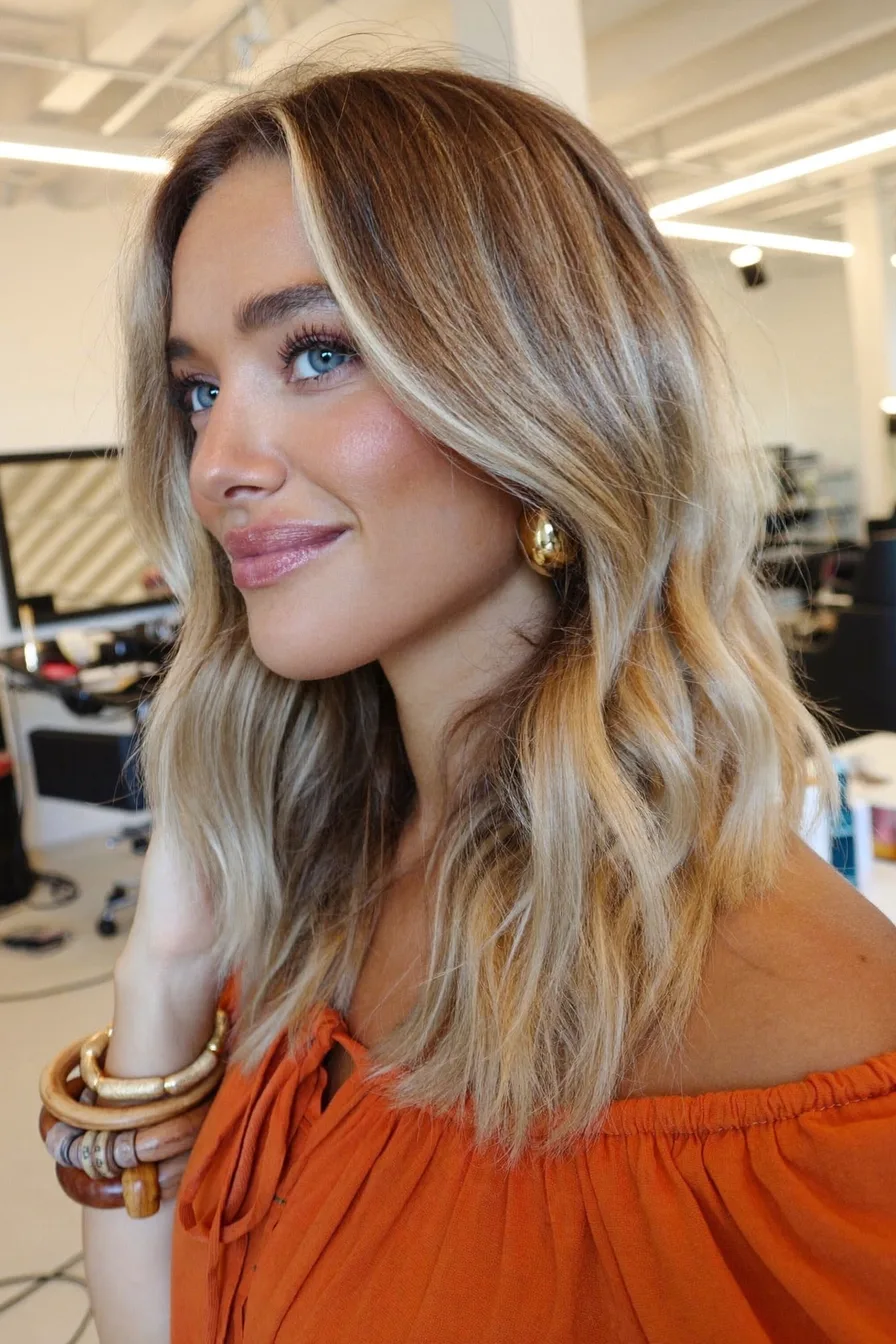 Soft Curtained Long Layers with Honey Blonde Balayage Highlights