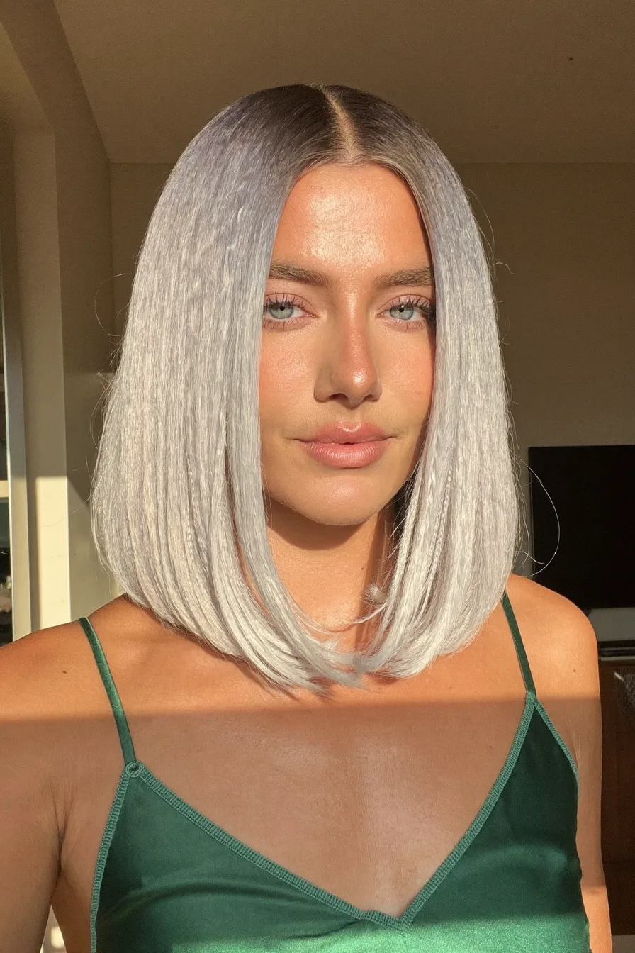 Sleek Platinum Silver Blunt Bob with Center Part