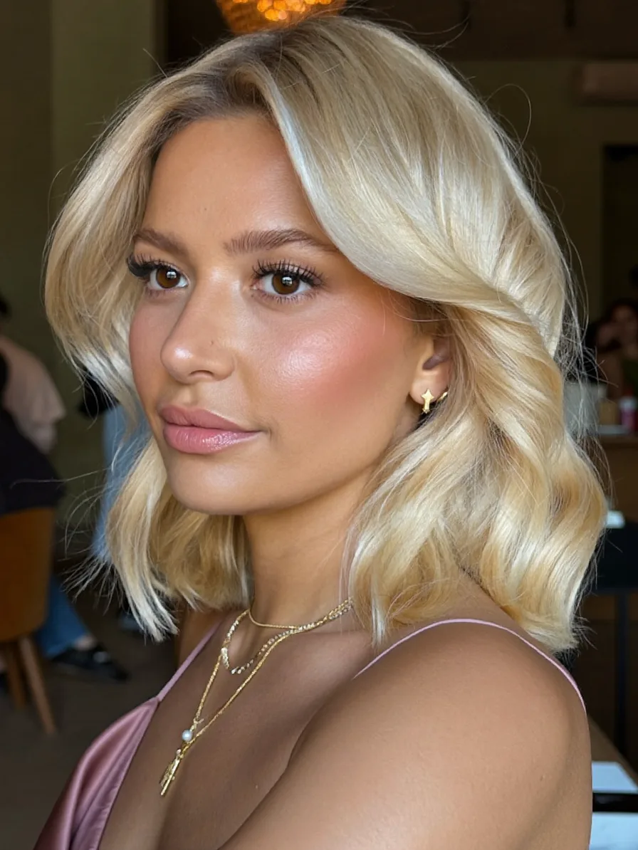 Shoulder-Length Platinum Blonde Waves with Soft Long Layers