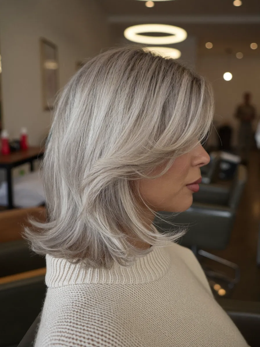 Soft Platinum Silver Mid-Length Layered Flicked Hair