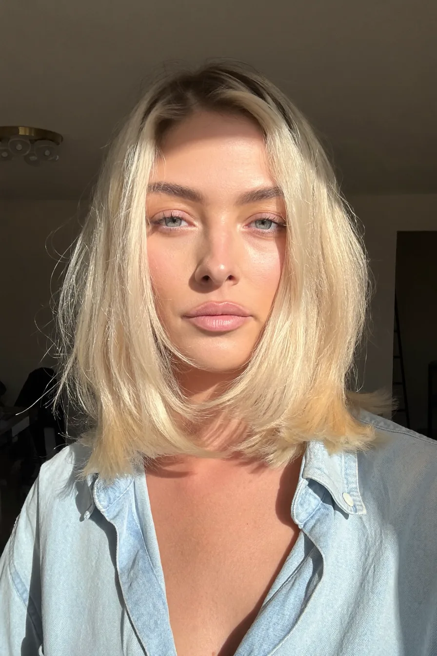 Classic Platinum Blonde Lob with Curtain Bangs and Rounded Ends