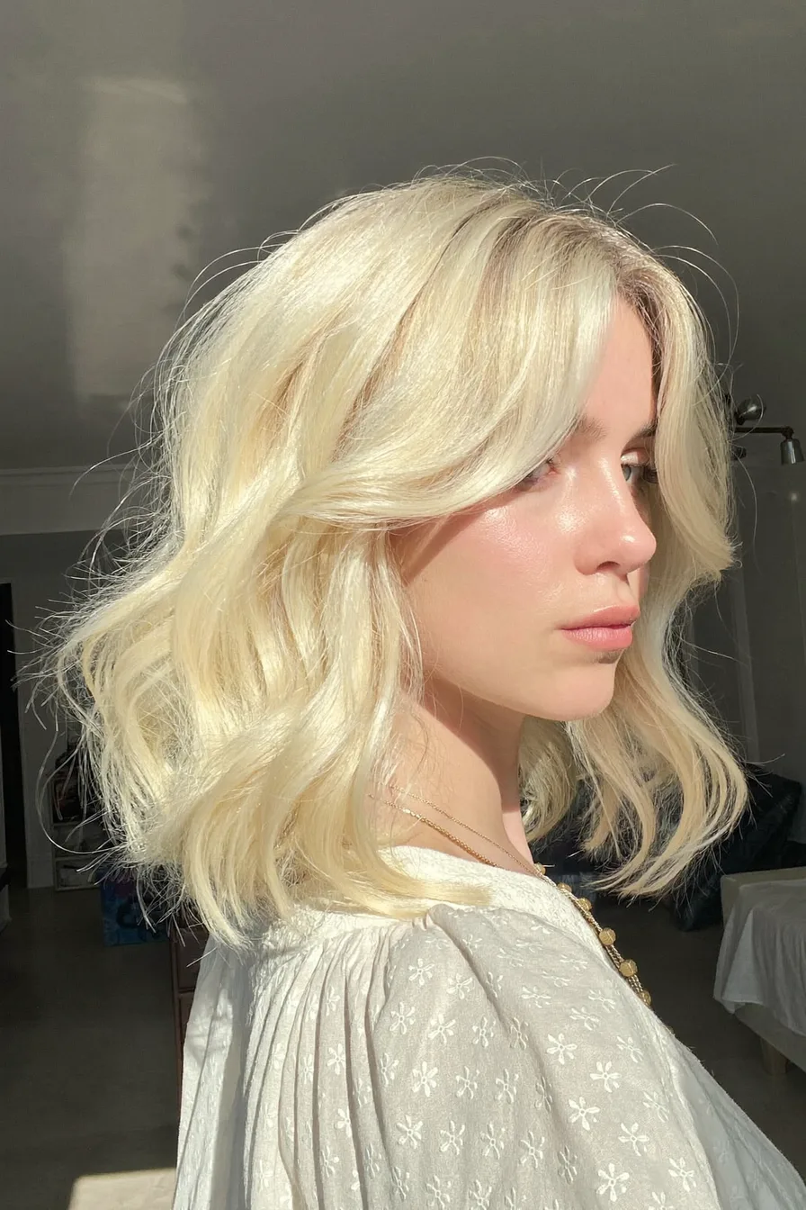 Soft Flowing Platinum Blonde Shoulder-Length Layers Hairstyle