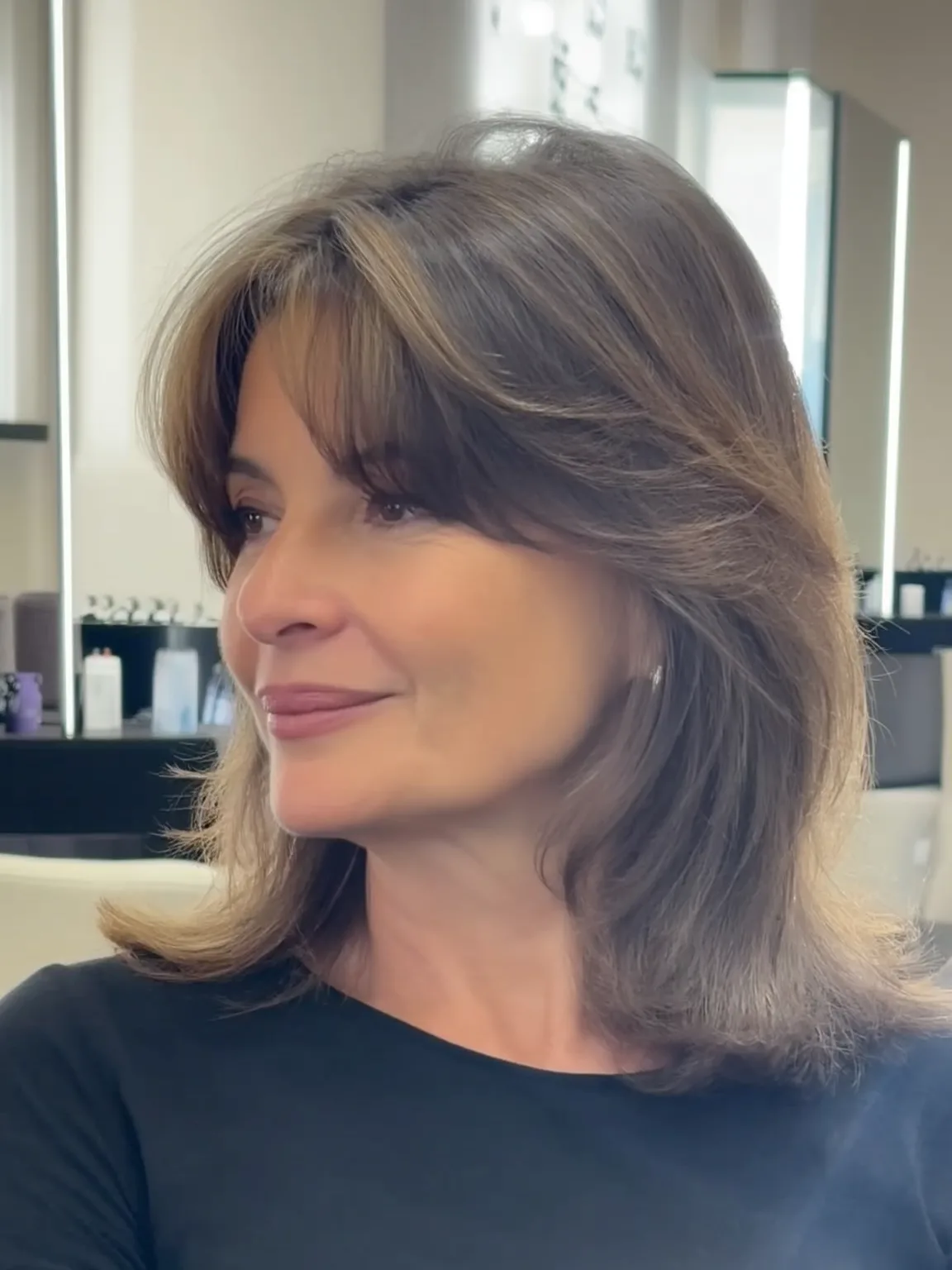 Soft Chestnut Brown Layers with Curtain Bangs
