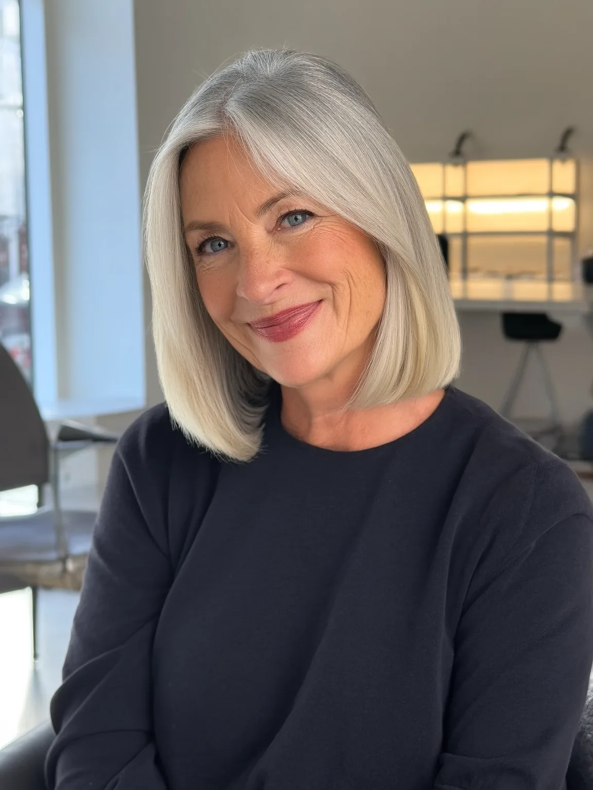 Sleek Silver Frost Bob Without Bangs for Oval Faces