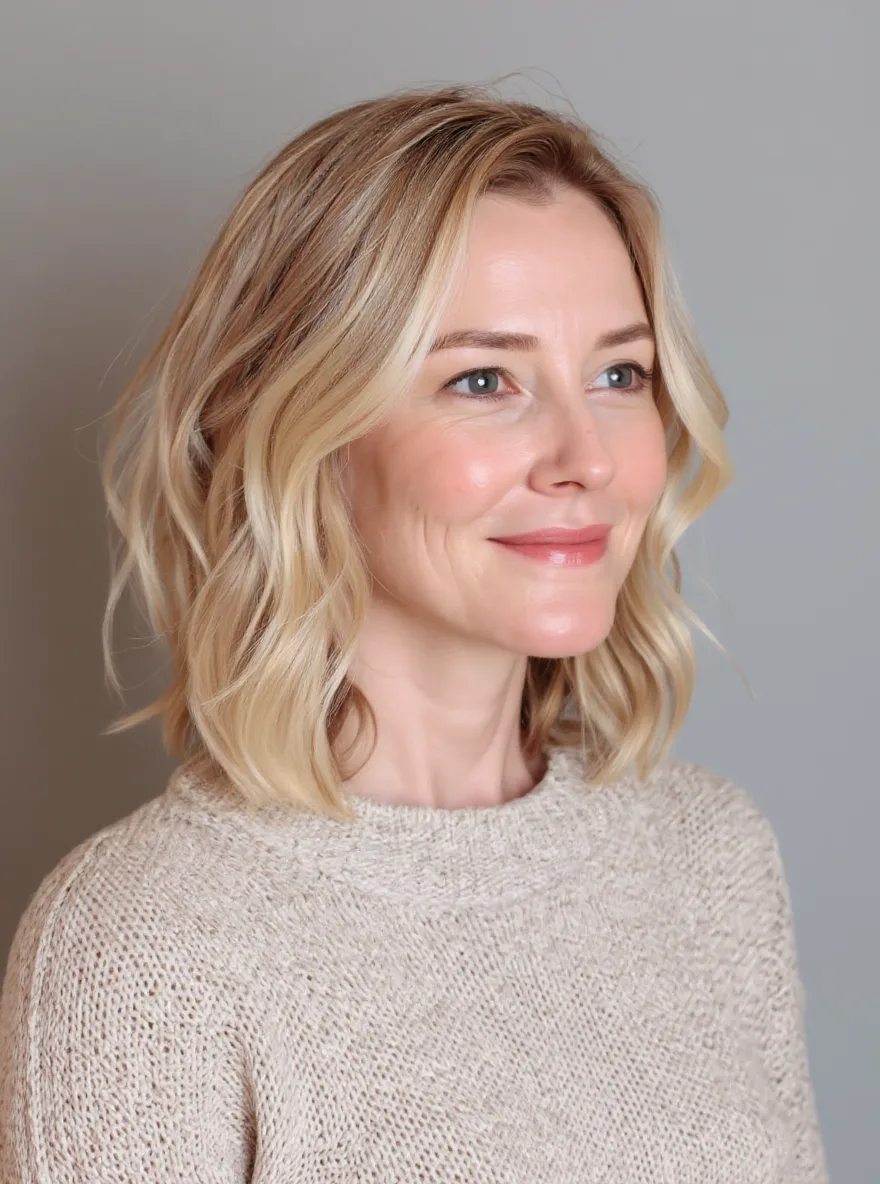 Wavy Sandy Blonde Shoulder-Length Lob