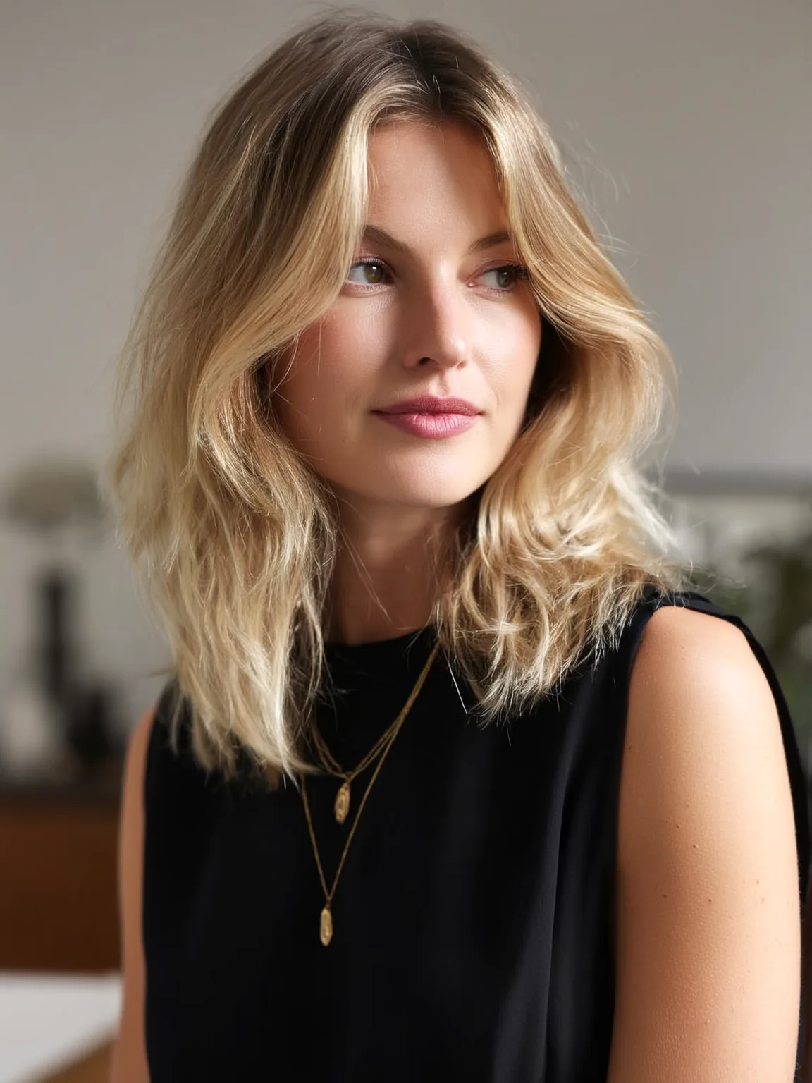 Voluminous Golden Blonde Layers with Curtain Bangs