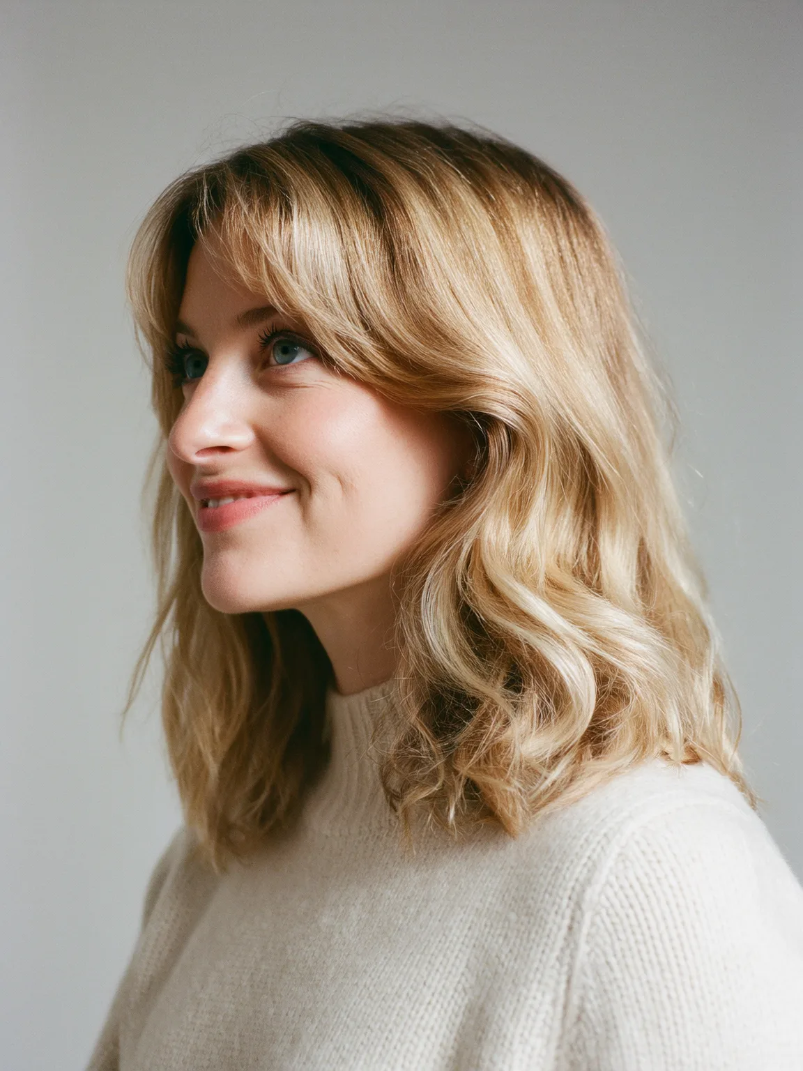 Sandy Blonde Lob with Curtain Bangs and Medium Waves