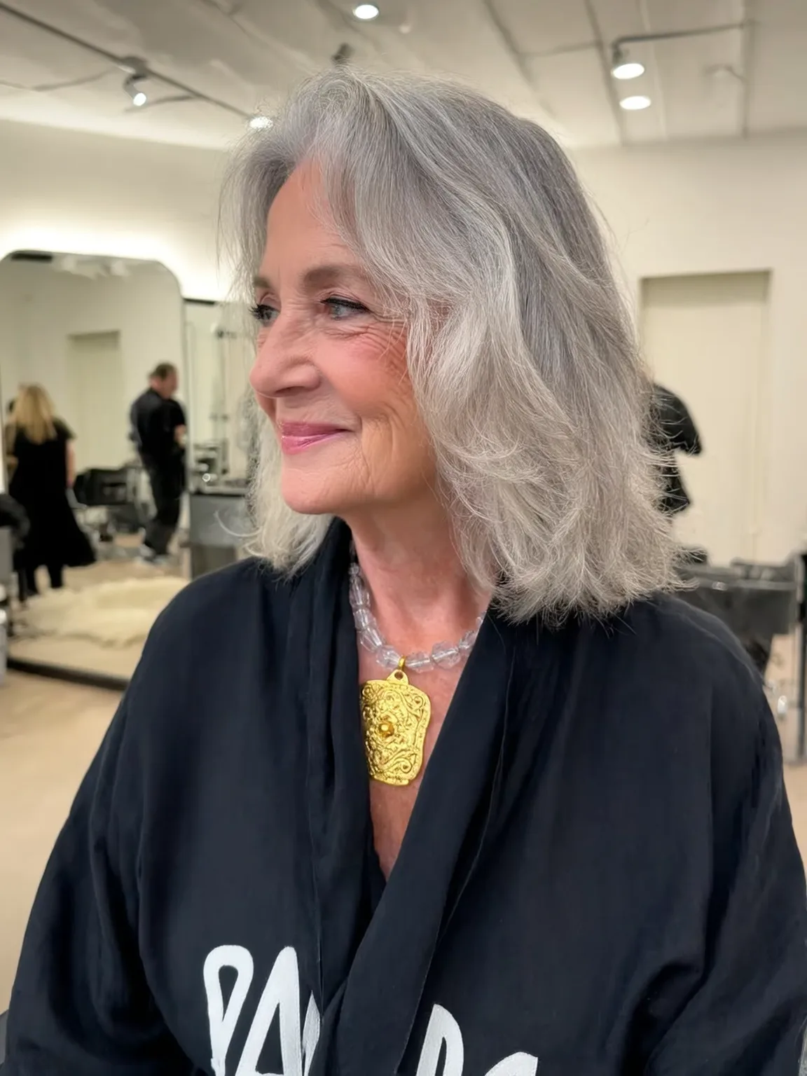 Silver Frost Wavy Layers with Side-Swept Bangs