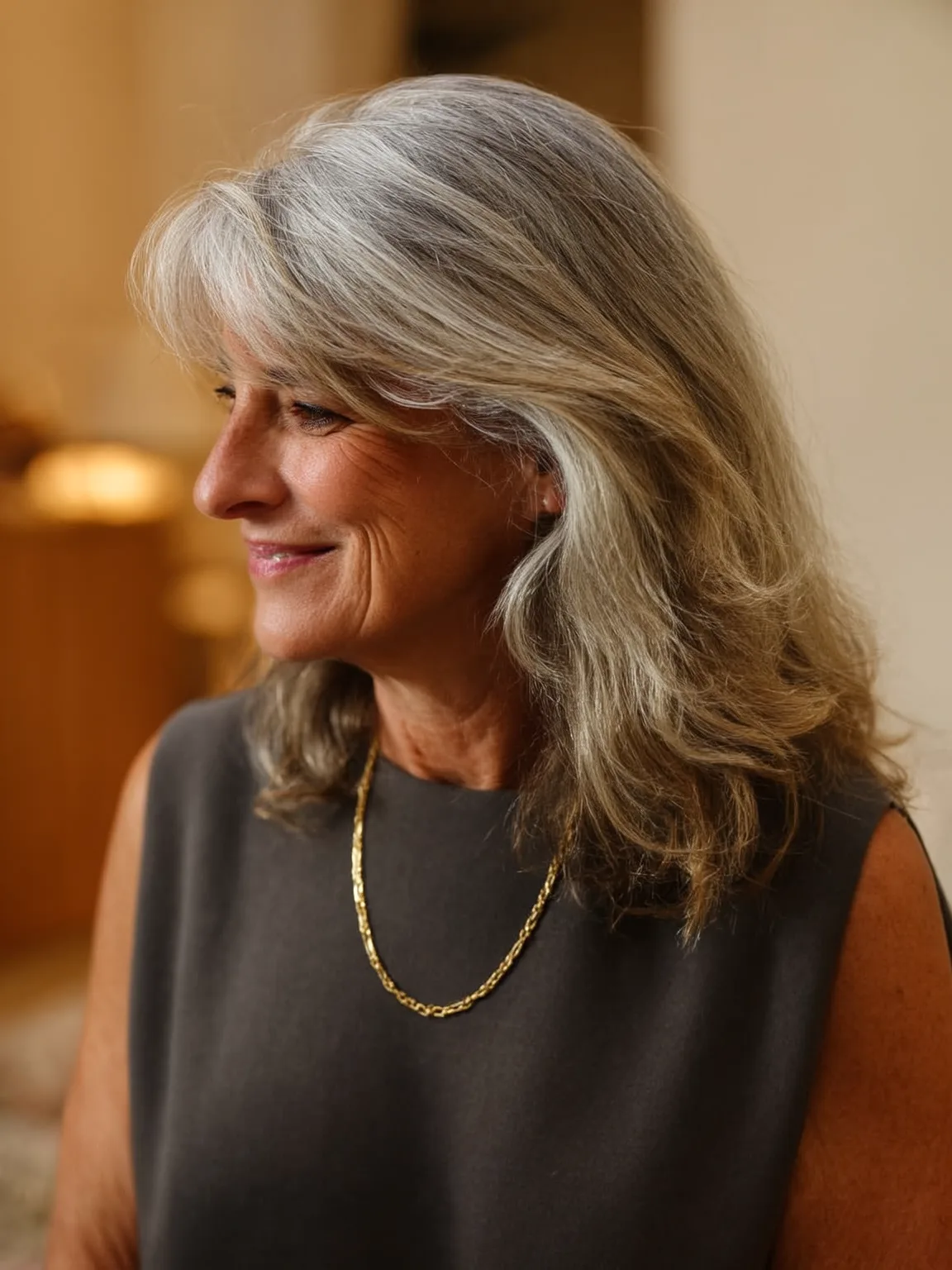 Silver-Grey Layered Waves with Side-Swept Bangs