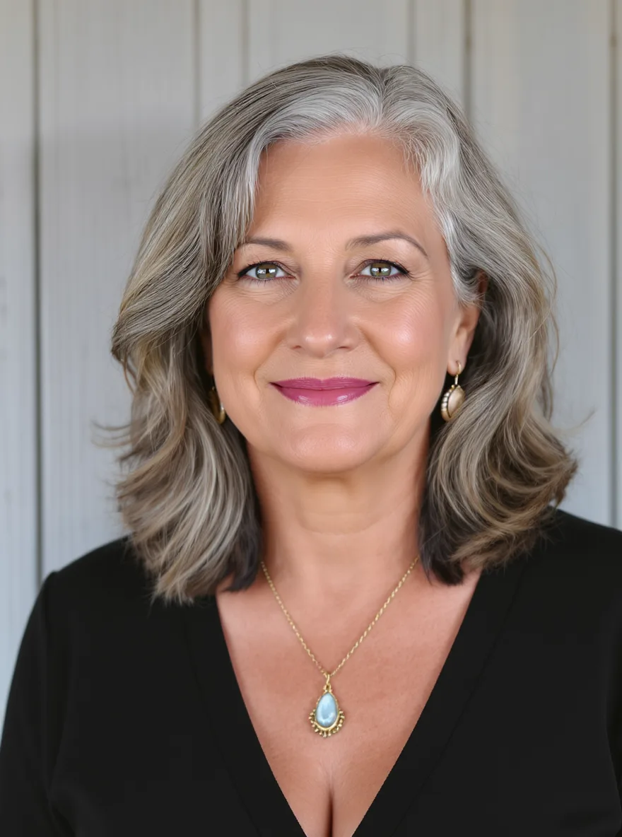 Silver Gray Wavy Layers with Dark Lowlights, No Bangs, Heart Shape