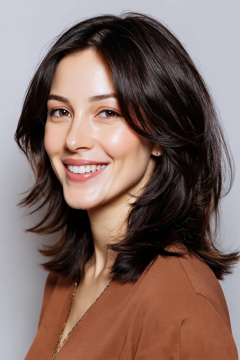Rich Chocolate Brown Shoulder-Length Layers with Curtain Bangs