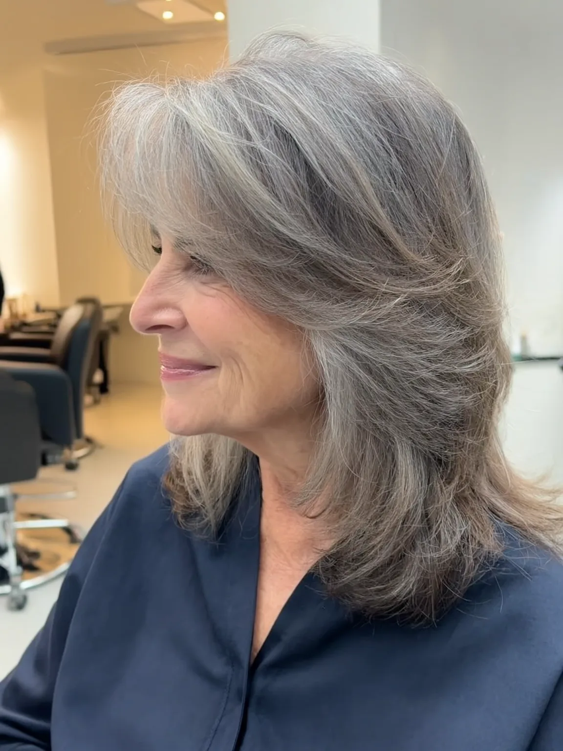 Silver Frost Wavy Layers with Curtain Bangs and Medium Volume