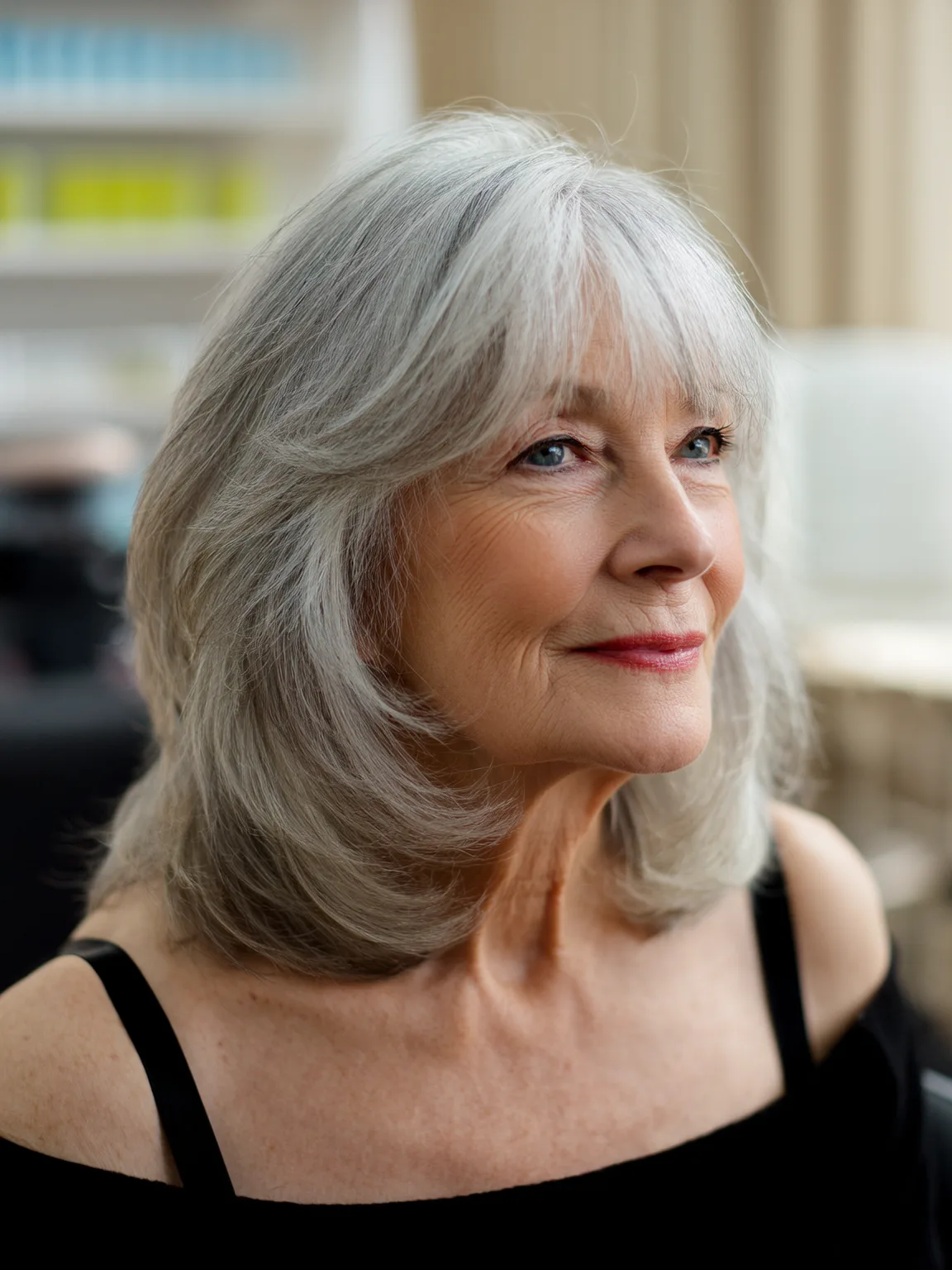 Air-Dried Silver Frost Waves with Wispy Layers and Bangs