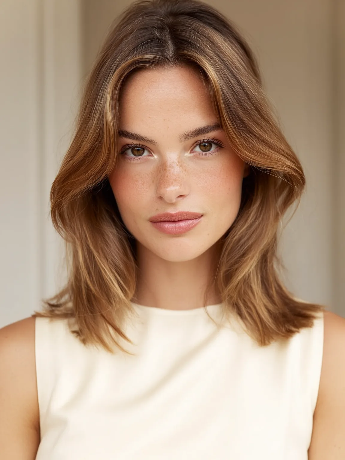Warm Caramel Brown Shoulder-Length Layers with Air-Dried Waves