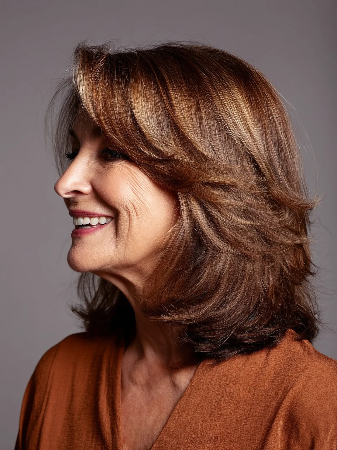 Warm Caramel Brown Wavy Layers with Side-Swept Bangs