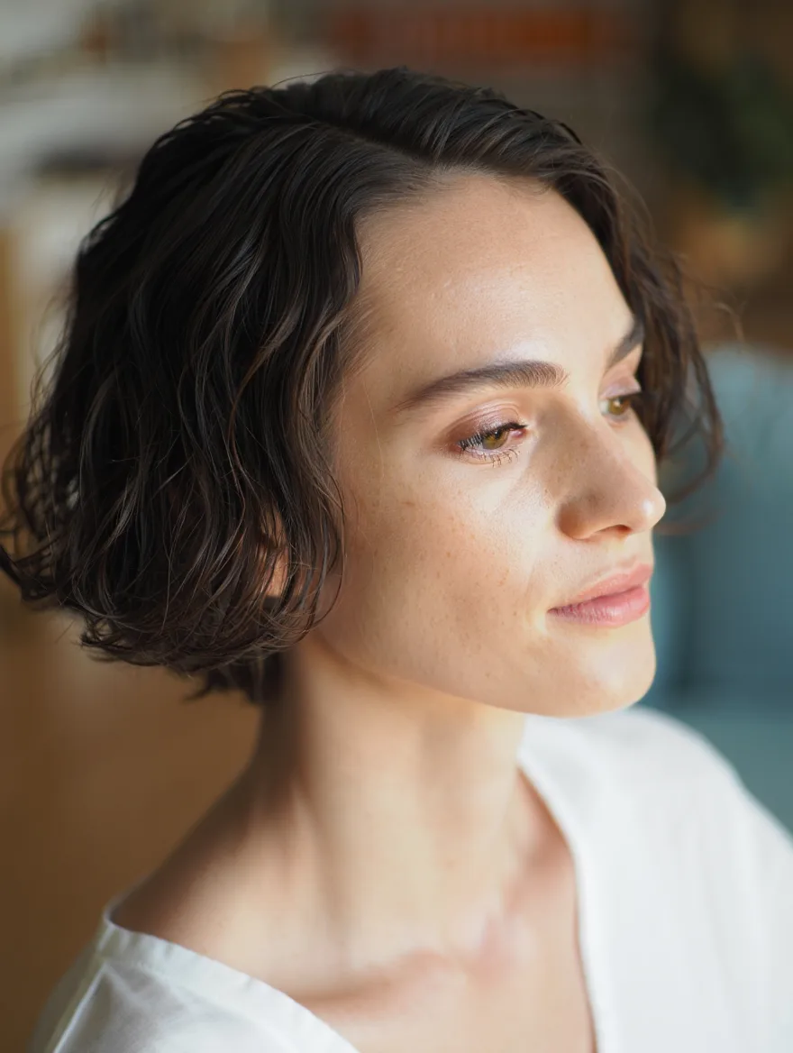 Medium Volume Wavy Chocolate Brown Bob Without Bangs