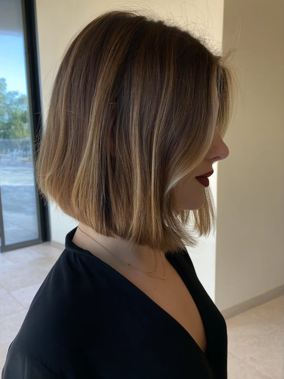 Warm Caramel Brown Straight Bob with Side-Swept Bangs