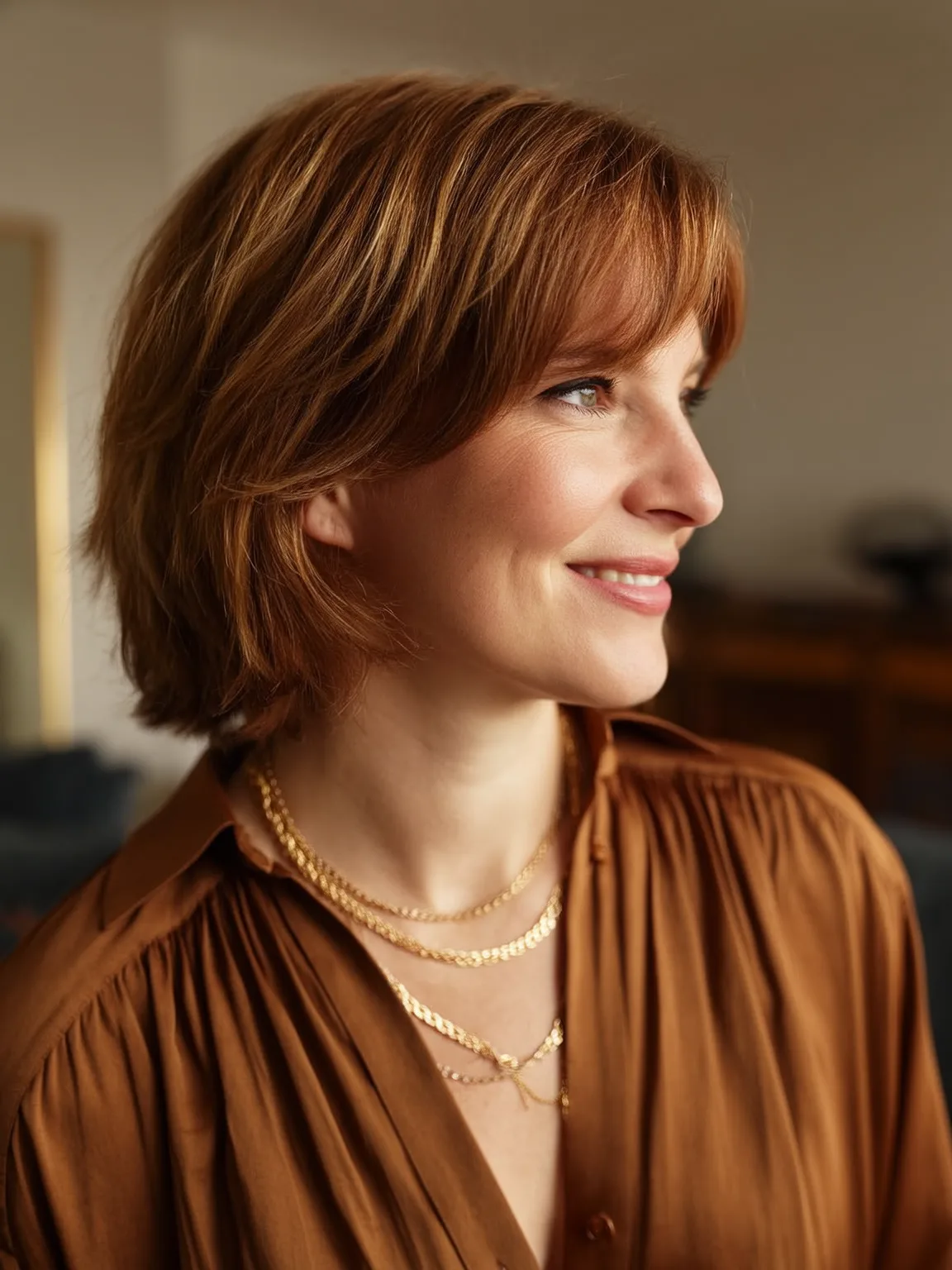 Round Face Copper Brown Wavy Bob with Side Bangs