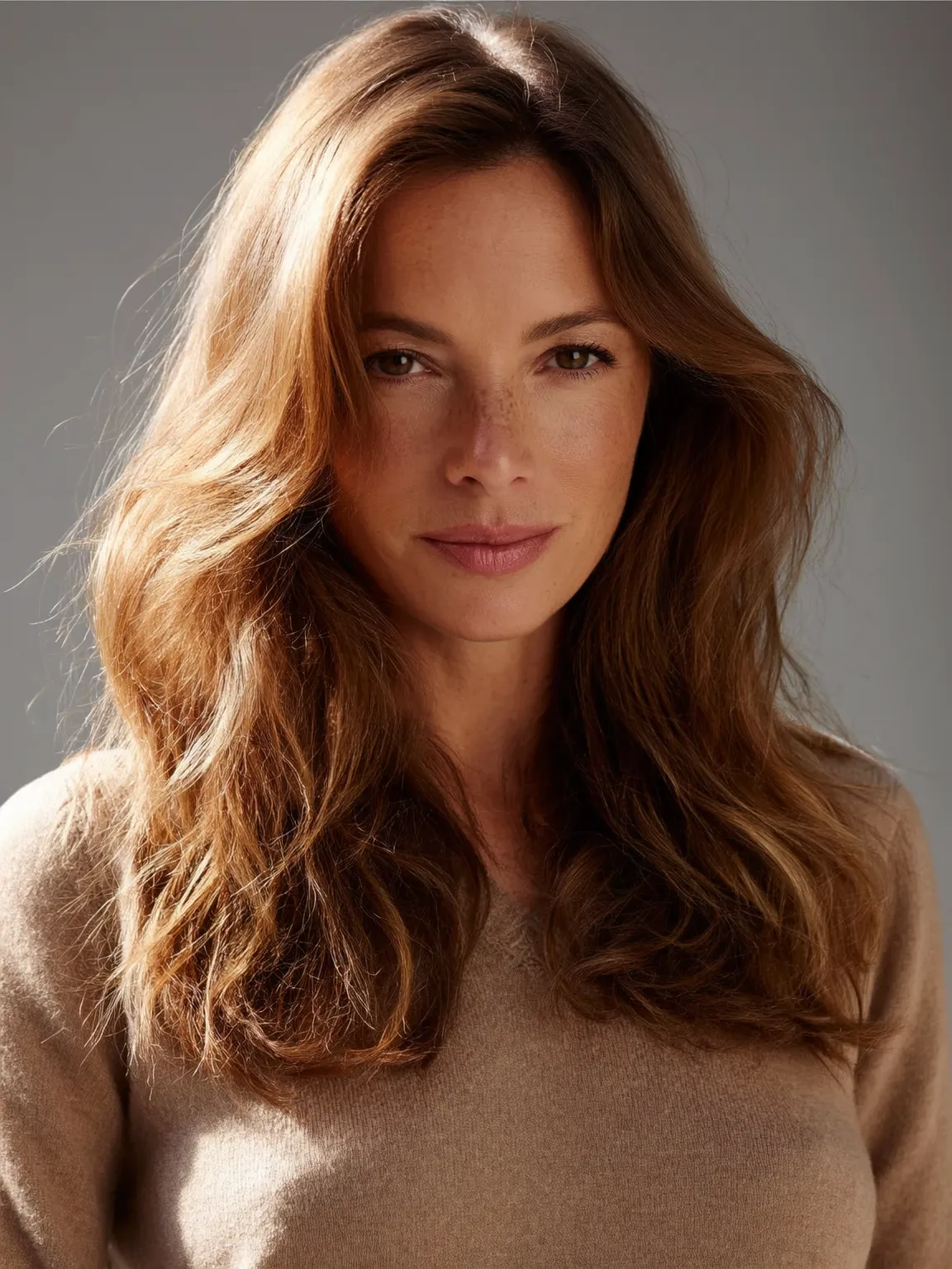 Voluminous Medium-Length Layered Warm Caramel Brown Waves