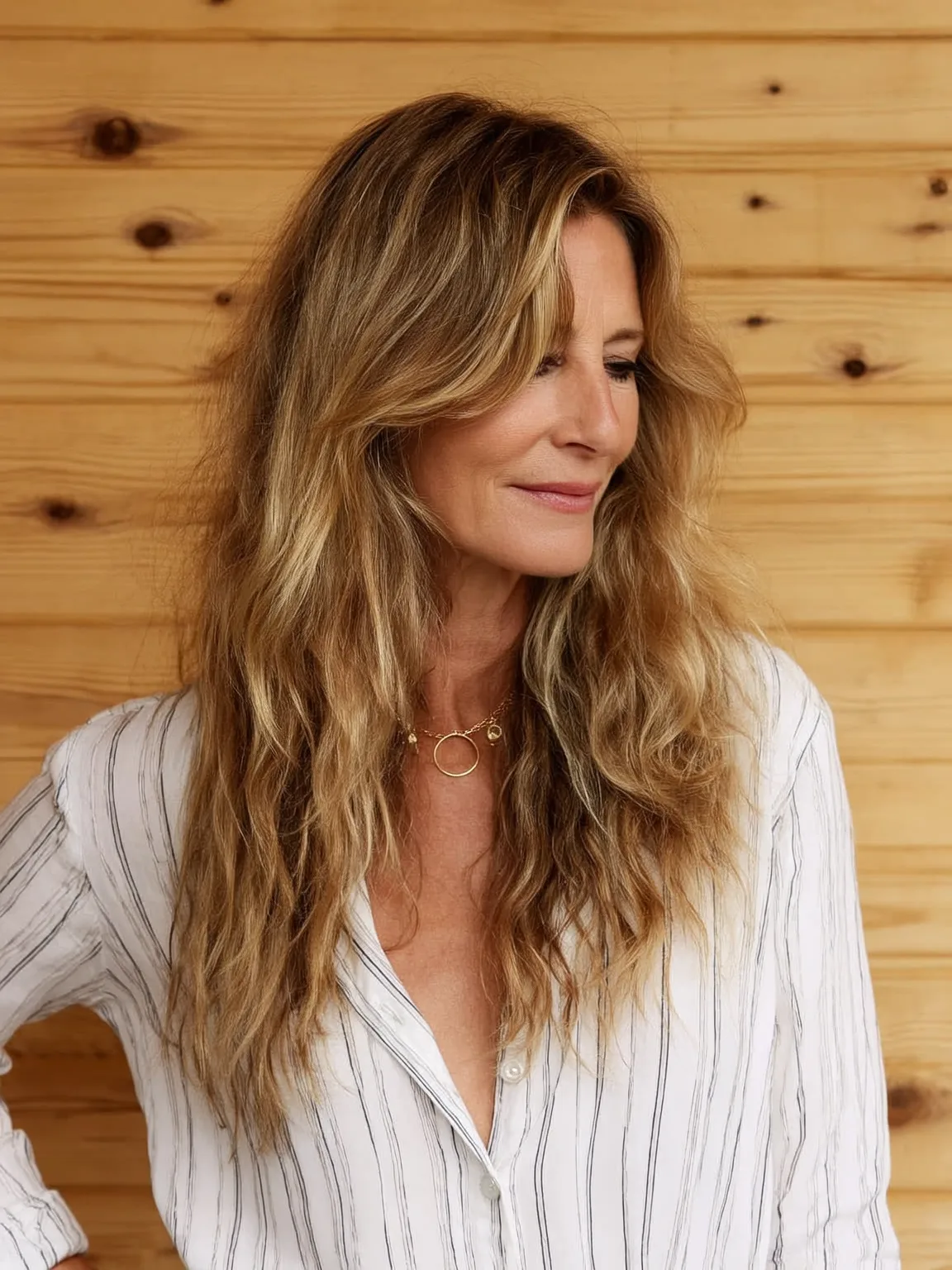 Long Sunkissed Honey Blonde Wavy Layers with Side-Swept Bangs