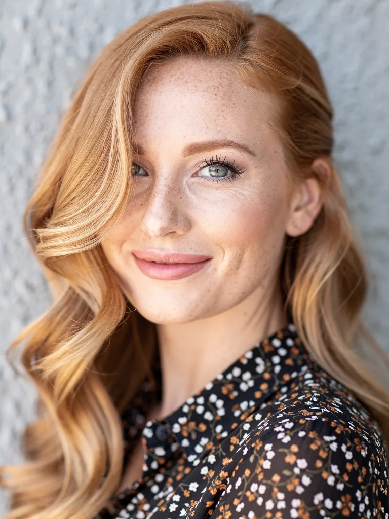 Strawberry Blonde Voluminous Wavy Layers with Side Bangs
