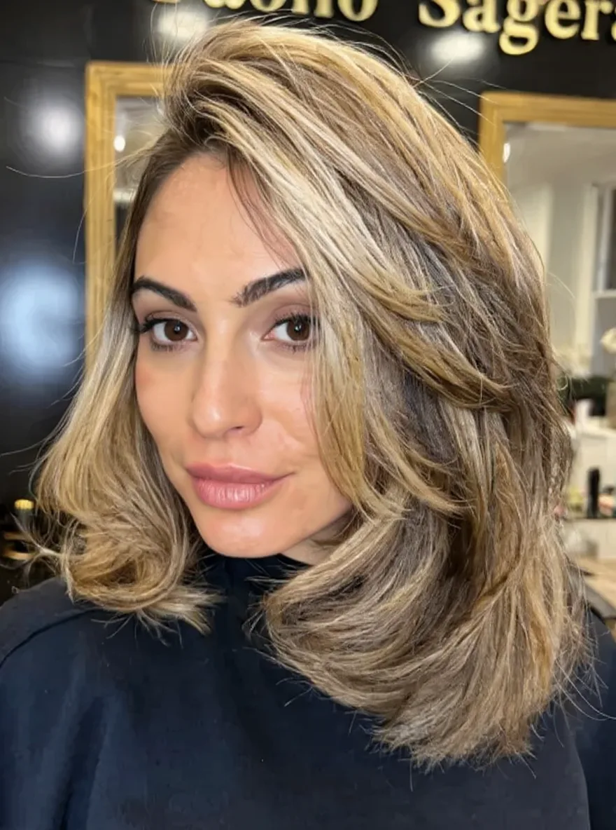 Voluminous Honey Blonde Balayage Shoulder-Length Lob