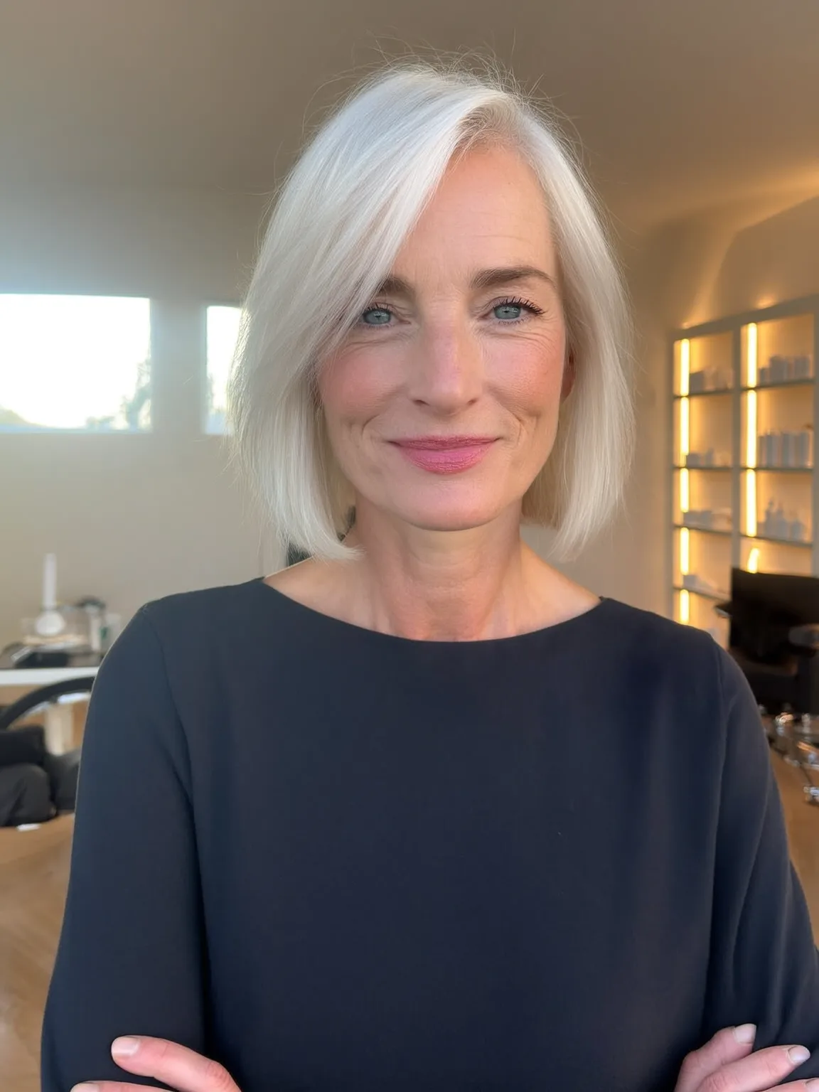 Icy Silver White Straight Bob with Side-Swept Bangs