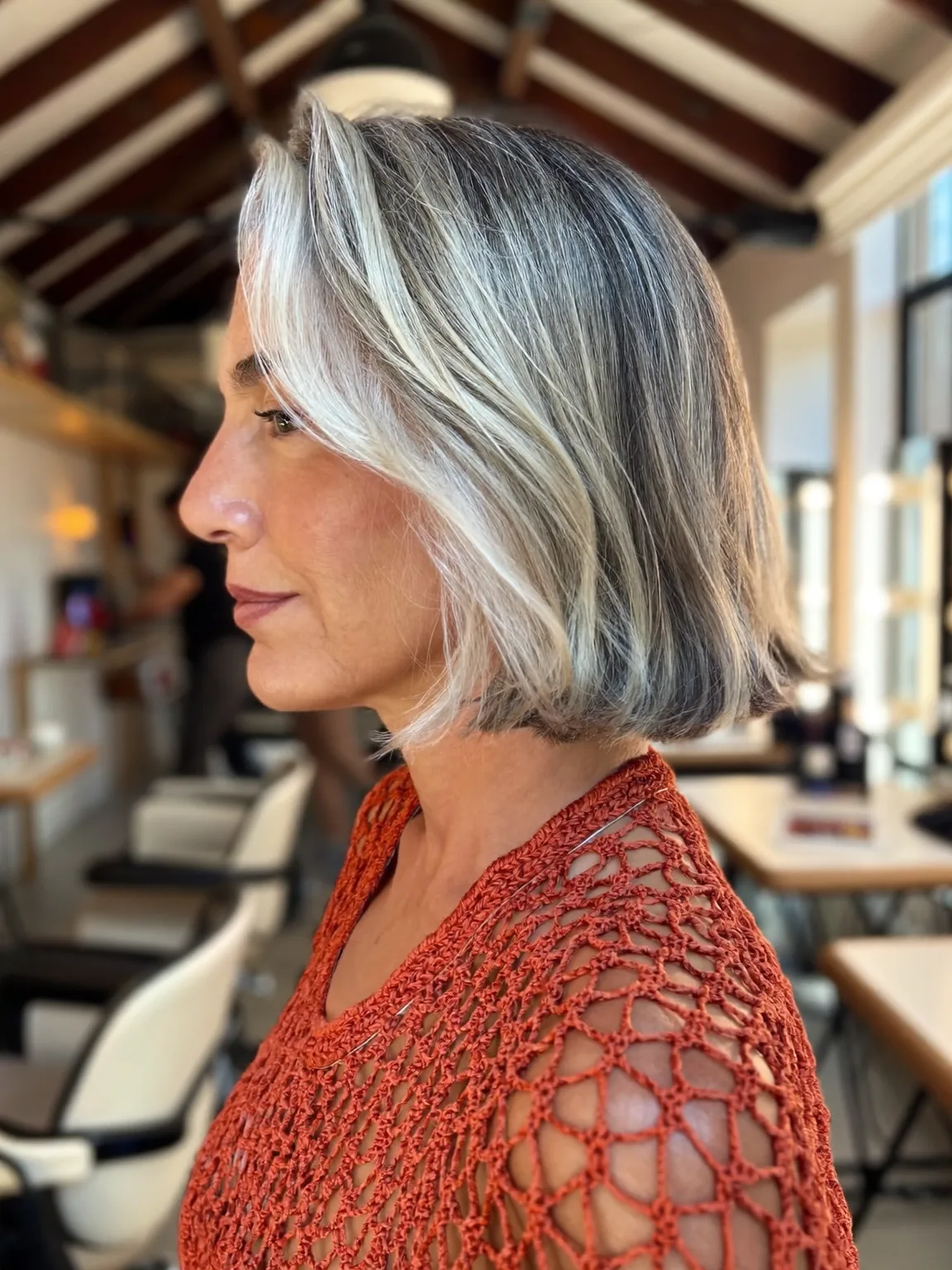 Blow-Dried Silver Frost Straight Bob with Dark Roots