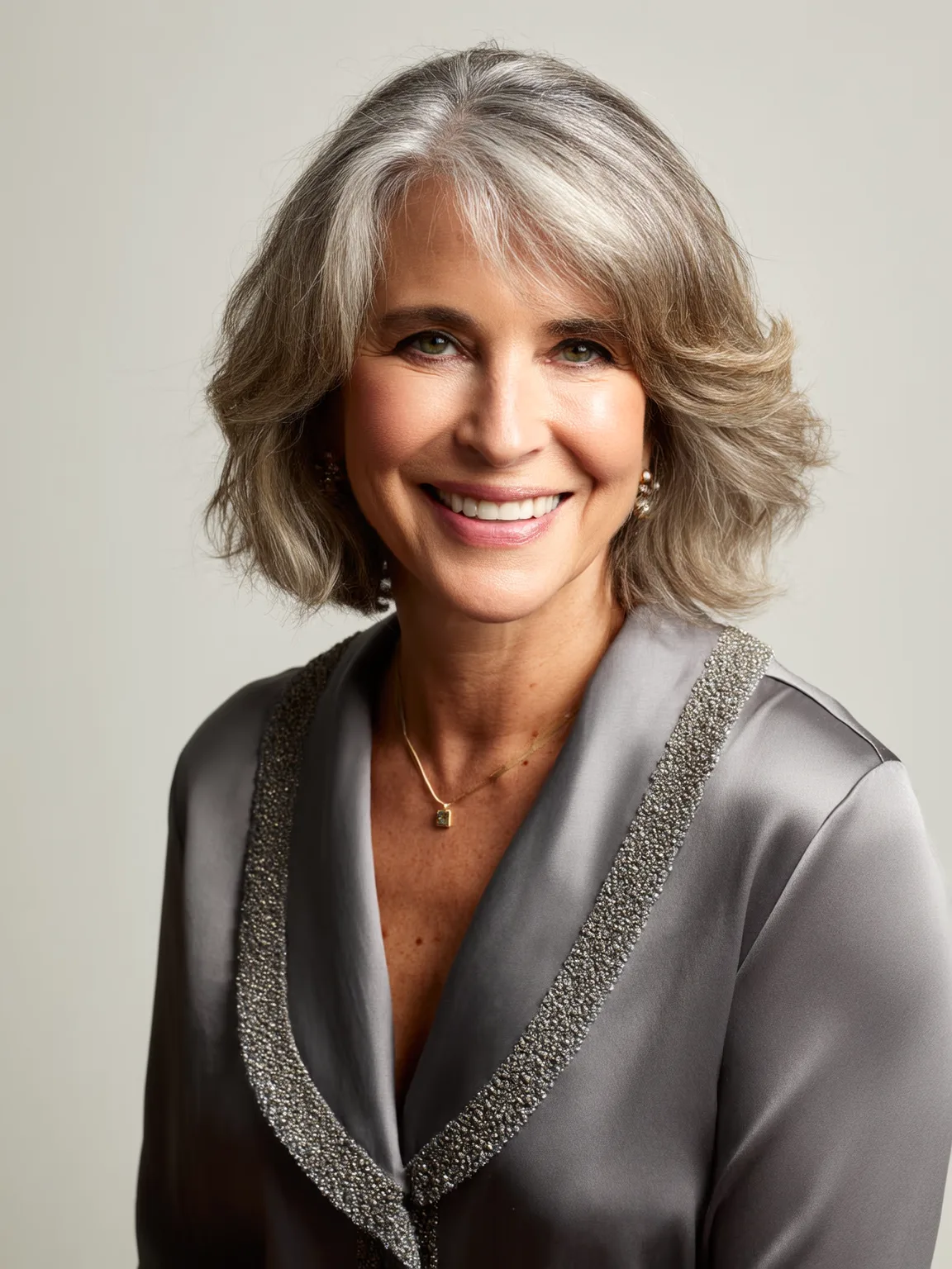 Blow-Dried Short Wavy Silver Bob with Natural Highlights