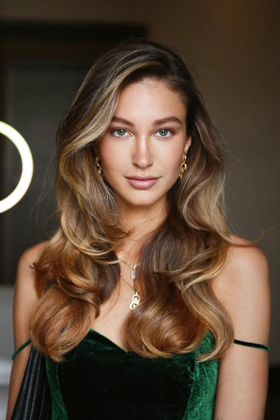 Voluminous Long Layers with Soft Side-Swept Bangs for Luscious Dimension