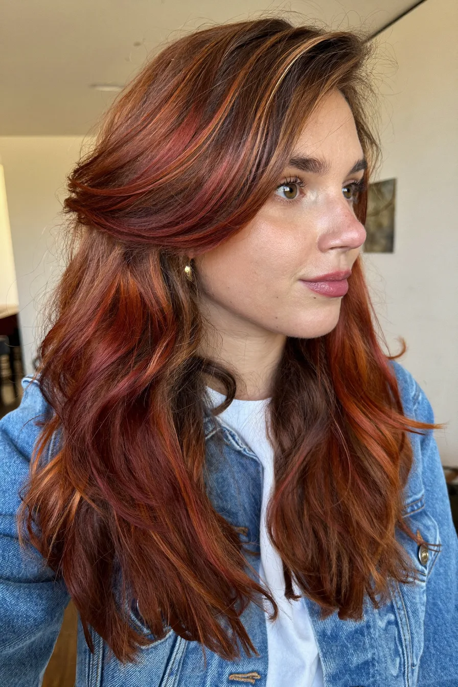 Flowing Long Layers with Voluminous Side-Swept Bangs for Dimensional Color