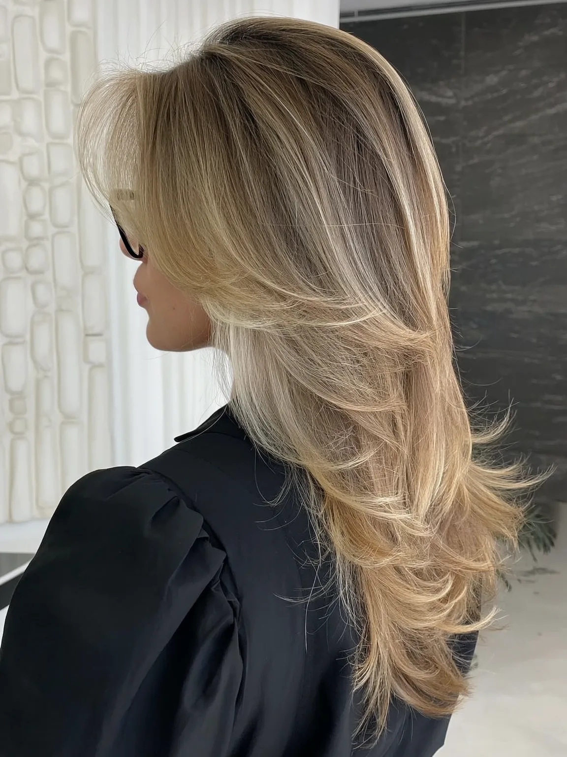 Long Sandy Blonde Layers with Honey Highlights