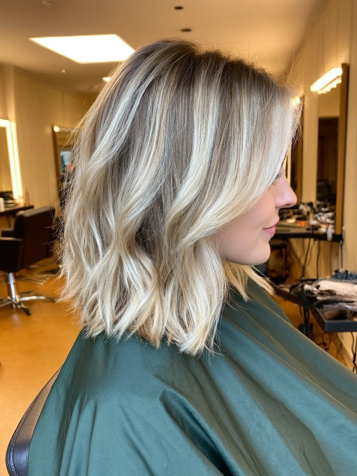 Shoulder-Length Wavy Lob in Sandy Blonde with Highlights