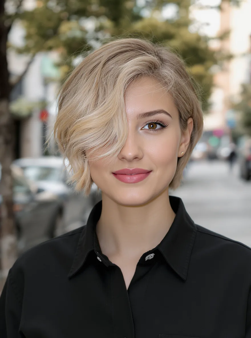 Short Wavy Sandy Blonde Bob with Side Fringe