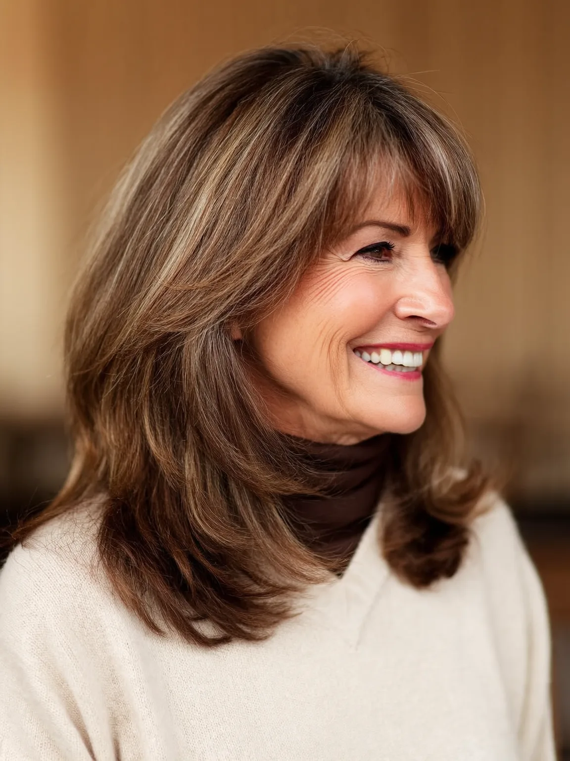 Medium-Length Warm Caramel Brown Wavy Layers