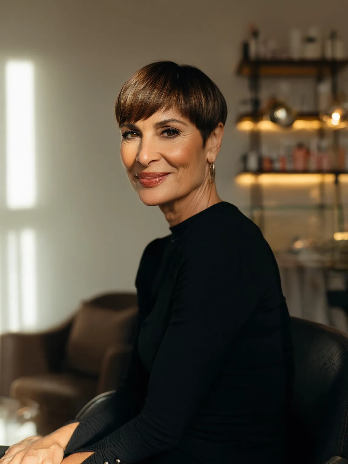 Straight Warm Caramel Brown Pixie with Side Bangs