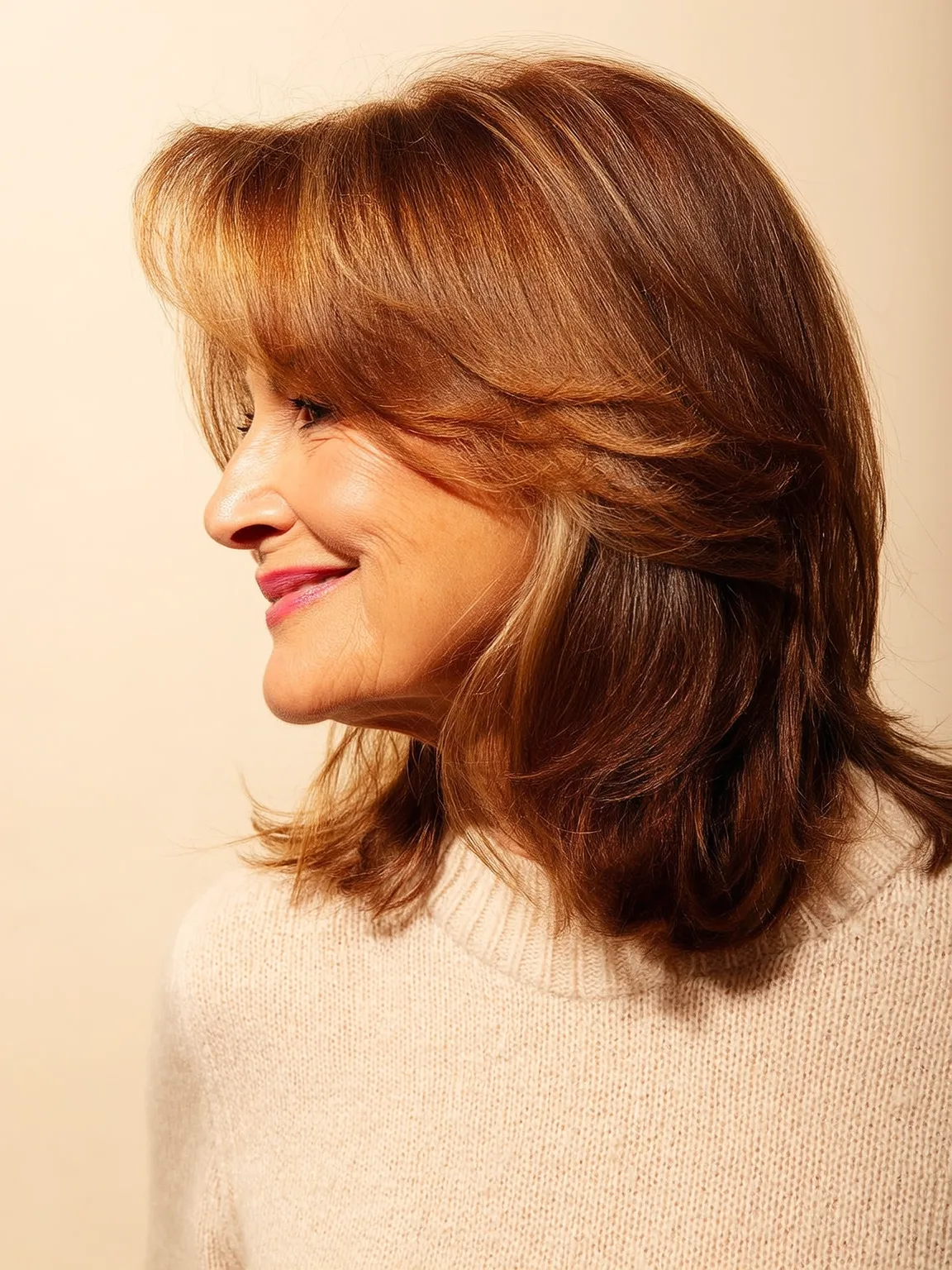 Shoulder-Length Layers with Warm Caramel Highlights