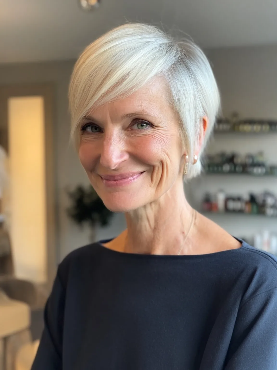 Short Silver Frost Pixie Cut with Side-Swept Bangs