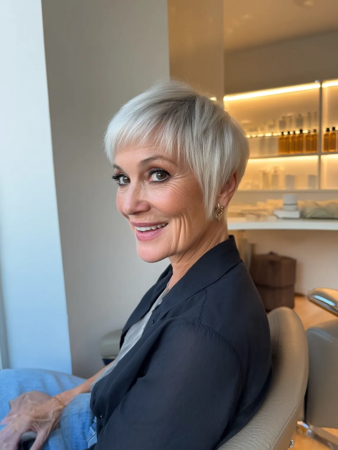 Soft Silver-Gray Straight Pixie with Side Bangs
