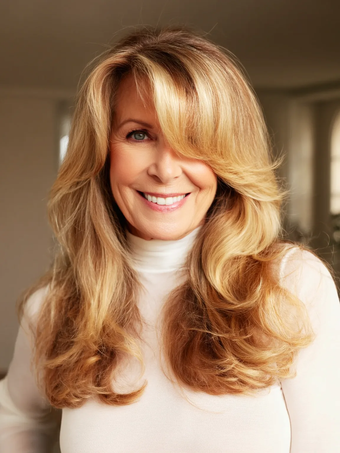 Long Voluminous Wavy Layers in Honey Blonde with Highlights