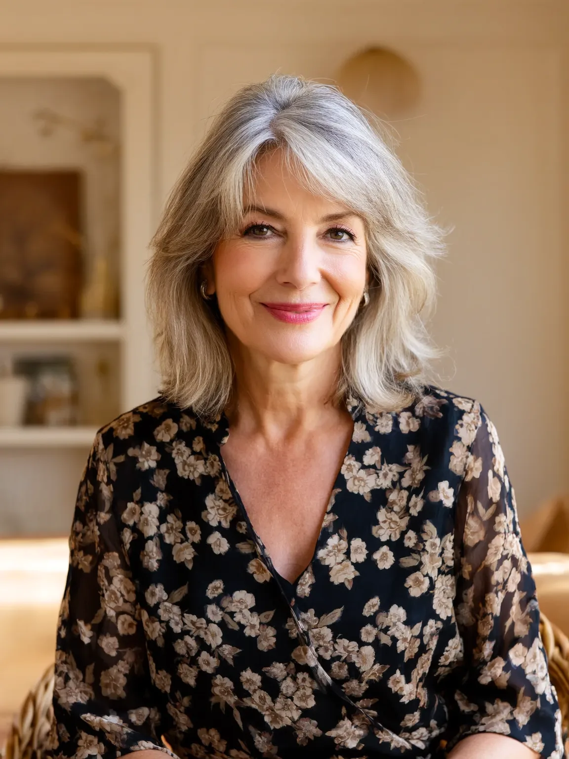 Shoulder-Length Wavy Silver Frost Layers with Side Bangs
