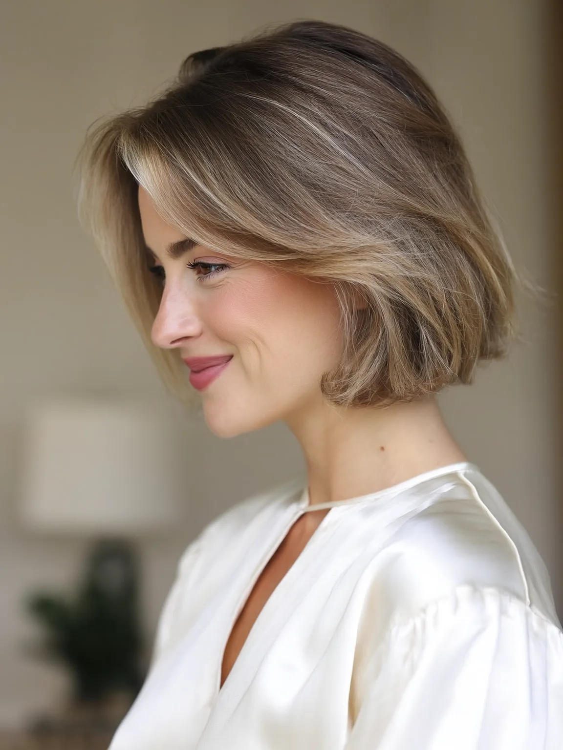 Chin-Length Wavy Sandy Blonde Bob with Side-Swept Bangs